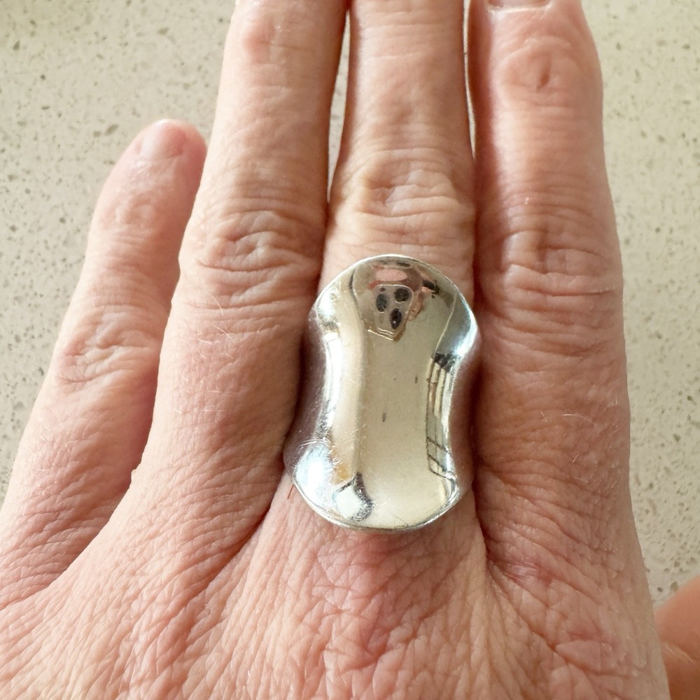 Sculptural Silver Contour Ring, High-Shine Convex Statement Size 8